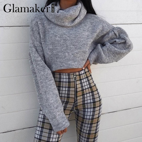 Glamaker Grey knitted turtleneck short sweater Women autumn pull crop sweater ladies jumper winter Female pull knitwear pullover