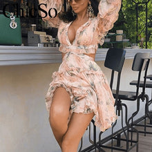 Load image into Gallery viewer, MissyChilli Chiffon floral print short jumpsuit female Women lace up v-neck elegant romper Winter ruffles sexy backless playsuit