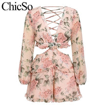 Load image into Gallery viewer, MissyChilli Chiffon floral print short jumpsuit female Women lace up v-neck elegant romper Winter ruffles sexy backless playsuit