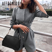 Load image into Gallery viewer, Affogatoo Elegant office ladies button Sash blazer gray jumpsuit women Vintage solid work Short playsuits Autumn casual rompers